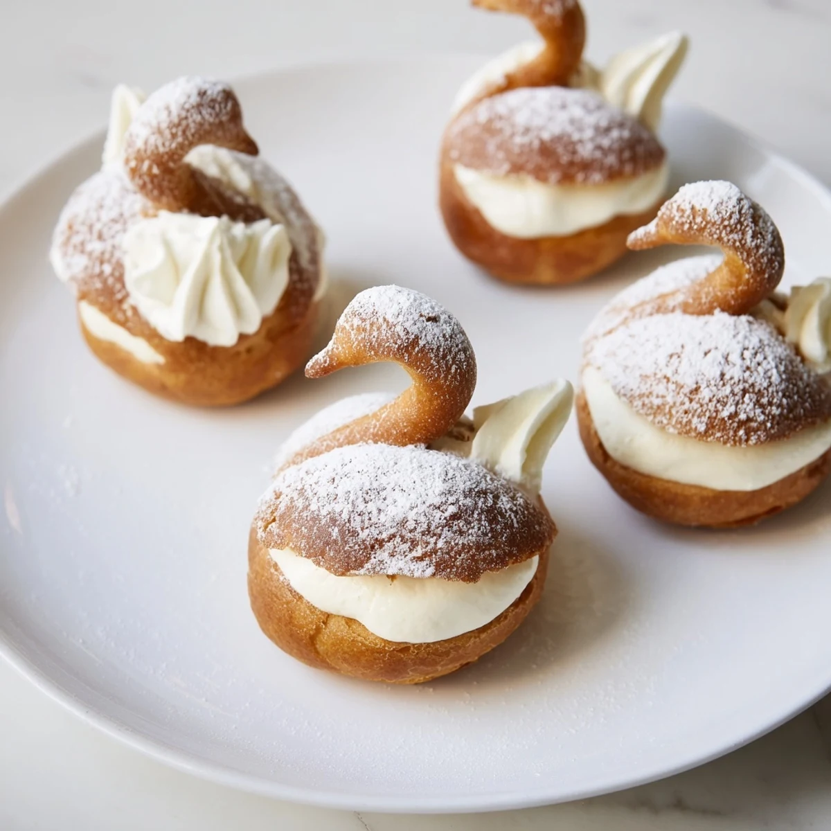 Delicate Elegant Swan Mini Pastries, with a creamy vanilla filling, perfect for a special tea party.