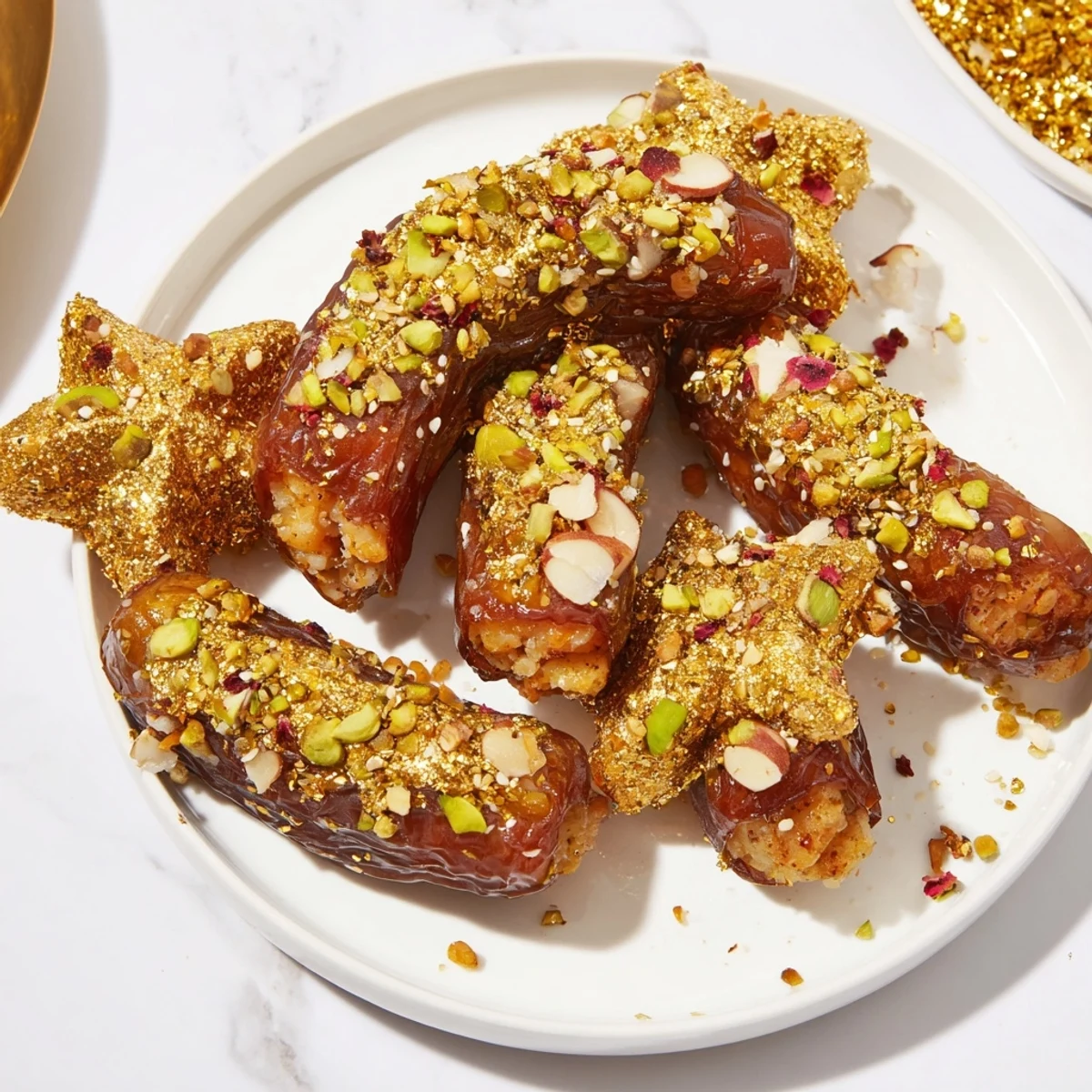 Luxurious Lunar and Star Date Platter, glistening with honey and sesame seeds, perfect for entertaining.