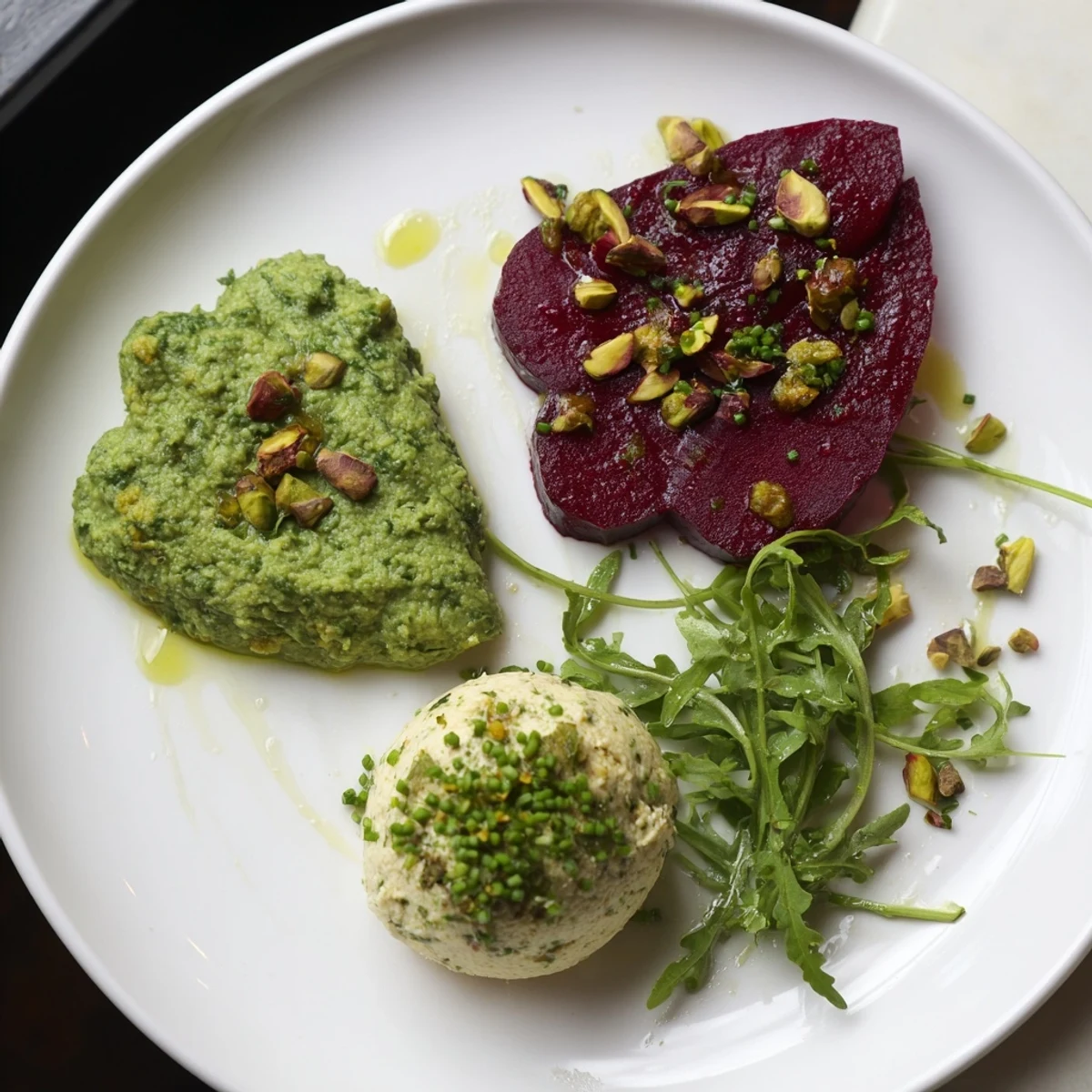 Elegant Lucky Clover Seasonal Starters plated with layers of green pea, beet, and creamy goat cheese.