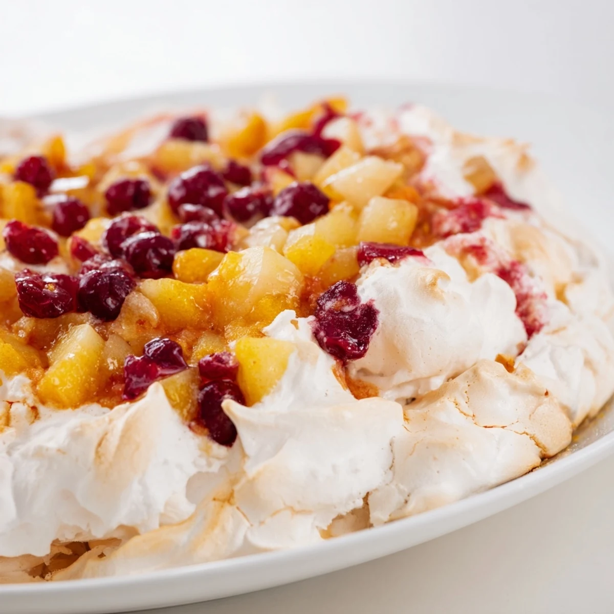 Cranberry and Pear Snowscape with golden meringue, a festive dessert perfect for winter gatherings.