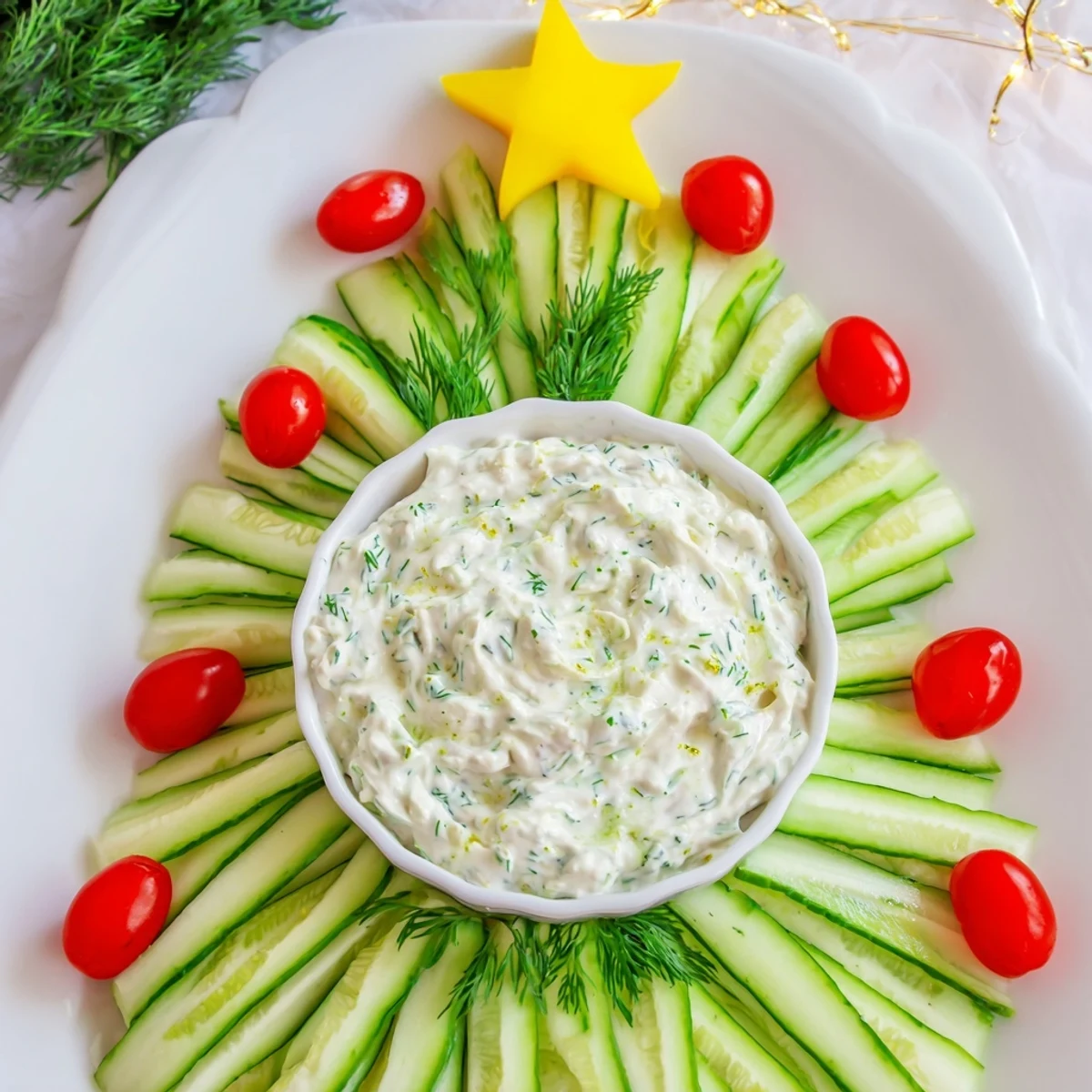 Cucumber Tomato Tree Dip Platter: Creamy dip surrounded by vibrant cucumber, tomato, and bell pepper tree, ready to eat.