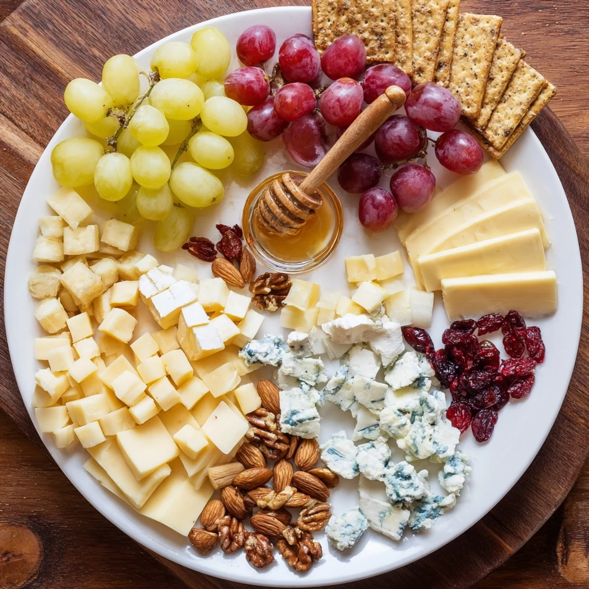 Cranberry Grape Man Cheese Board beautifully arranged with vibrant grapes, creamy brie, and crunchy nuts.