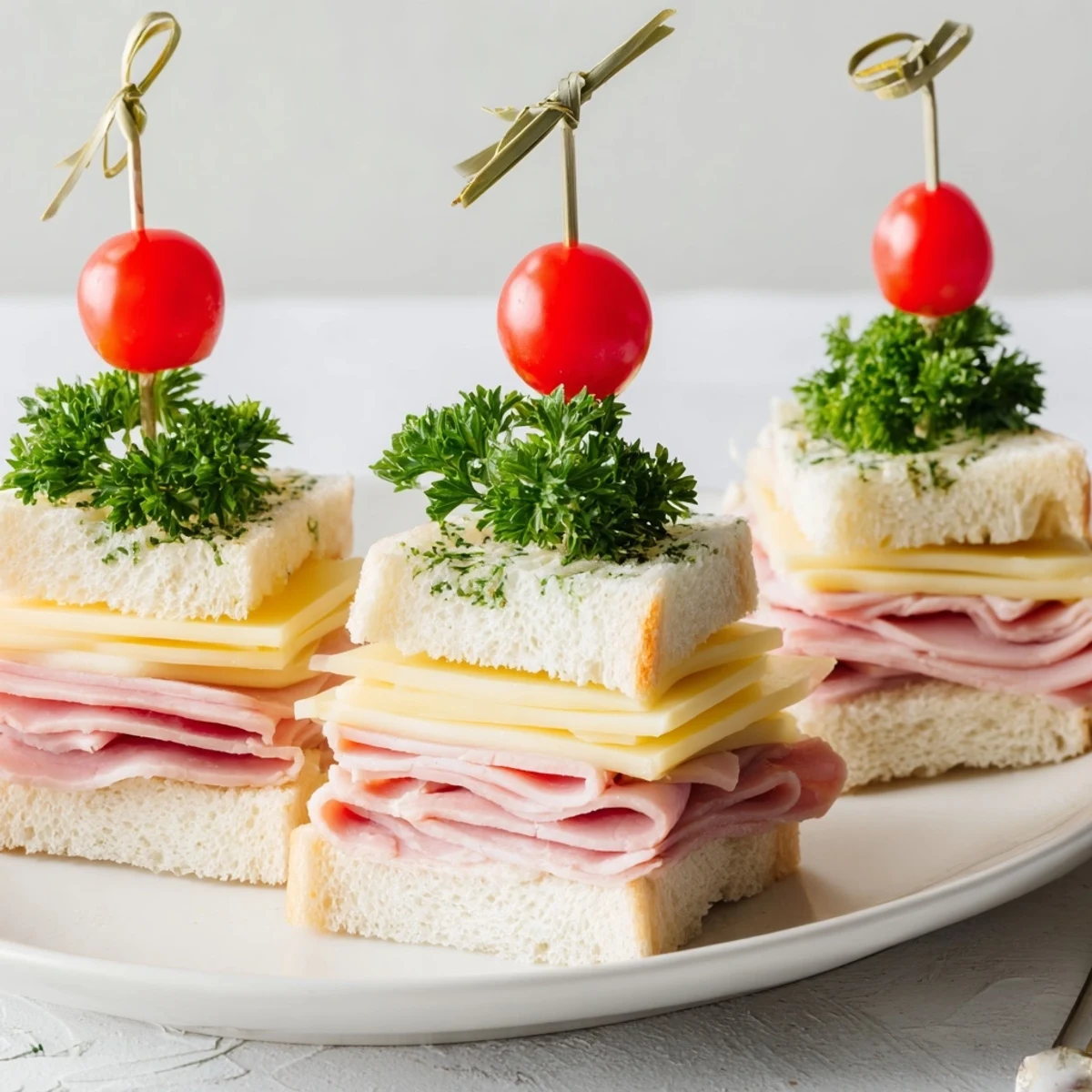 Mini Sandwiches: Ham and Cheese Christmas Tree Towers, perfect party appetizers, stacked with savory ham and cheese.