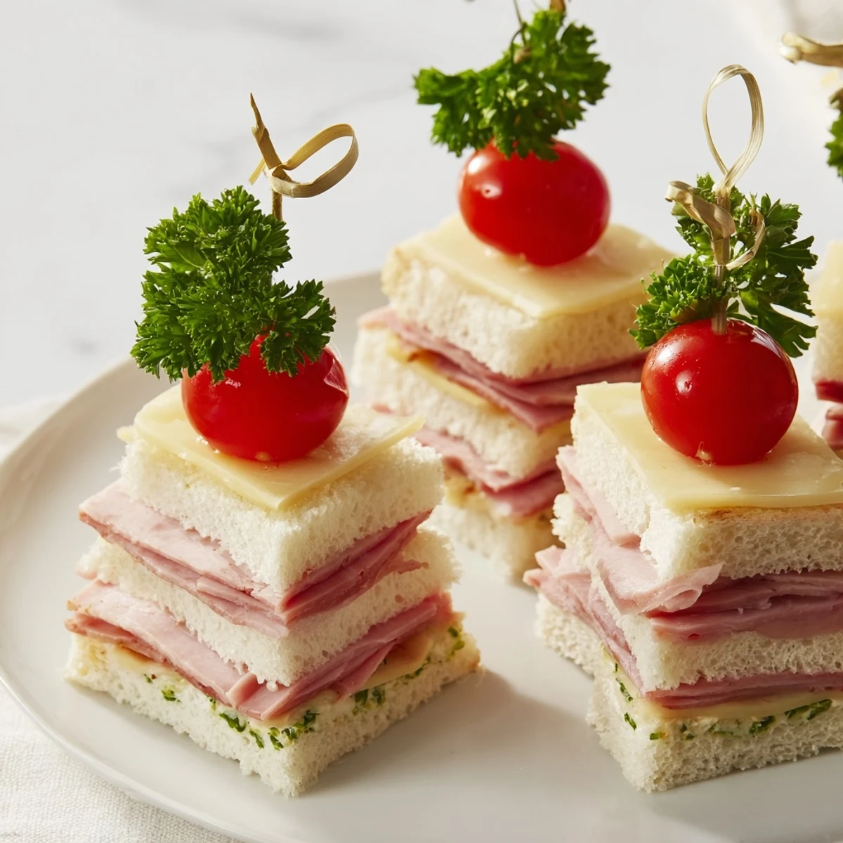 Festive Christmas tree-shaped Mini Sandwiches: Ham and Cheese, delicious bite-sized creations with a holiday flourish.
