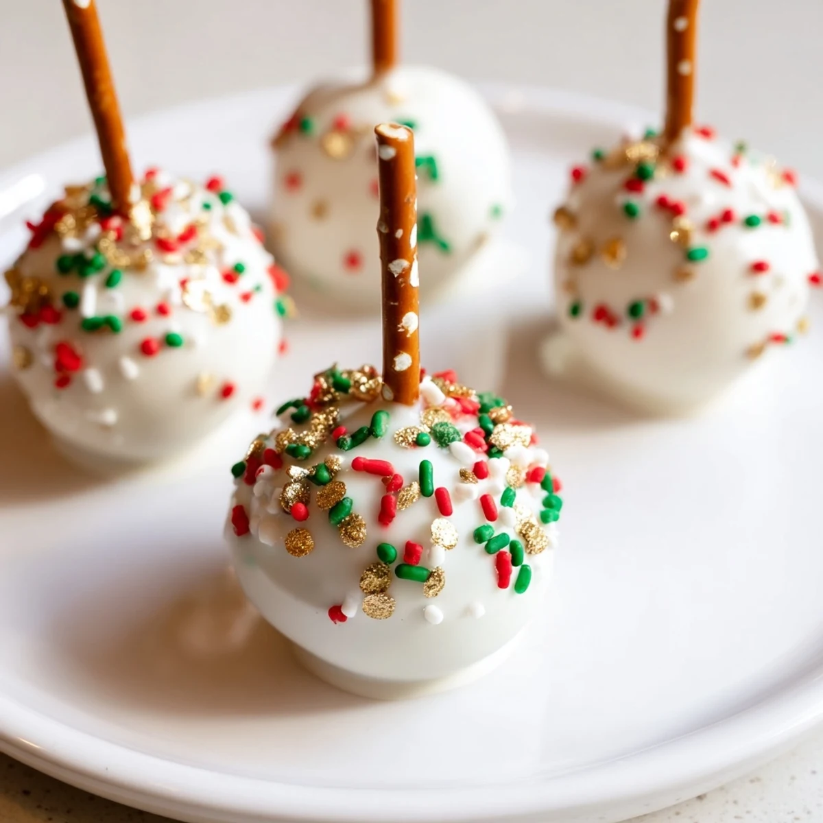 Vibrantly decorated Holiday Ornament Candy Balls, ready to be enjoyed, covered in sprinkles and edible glitter.