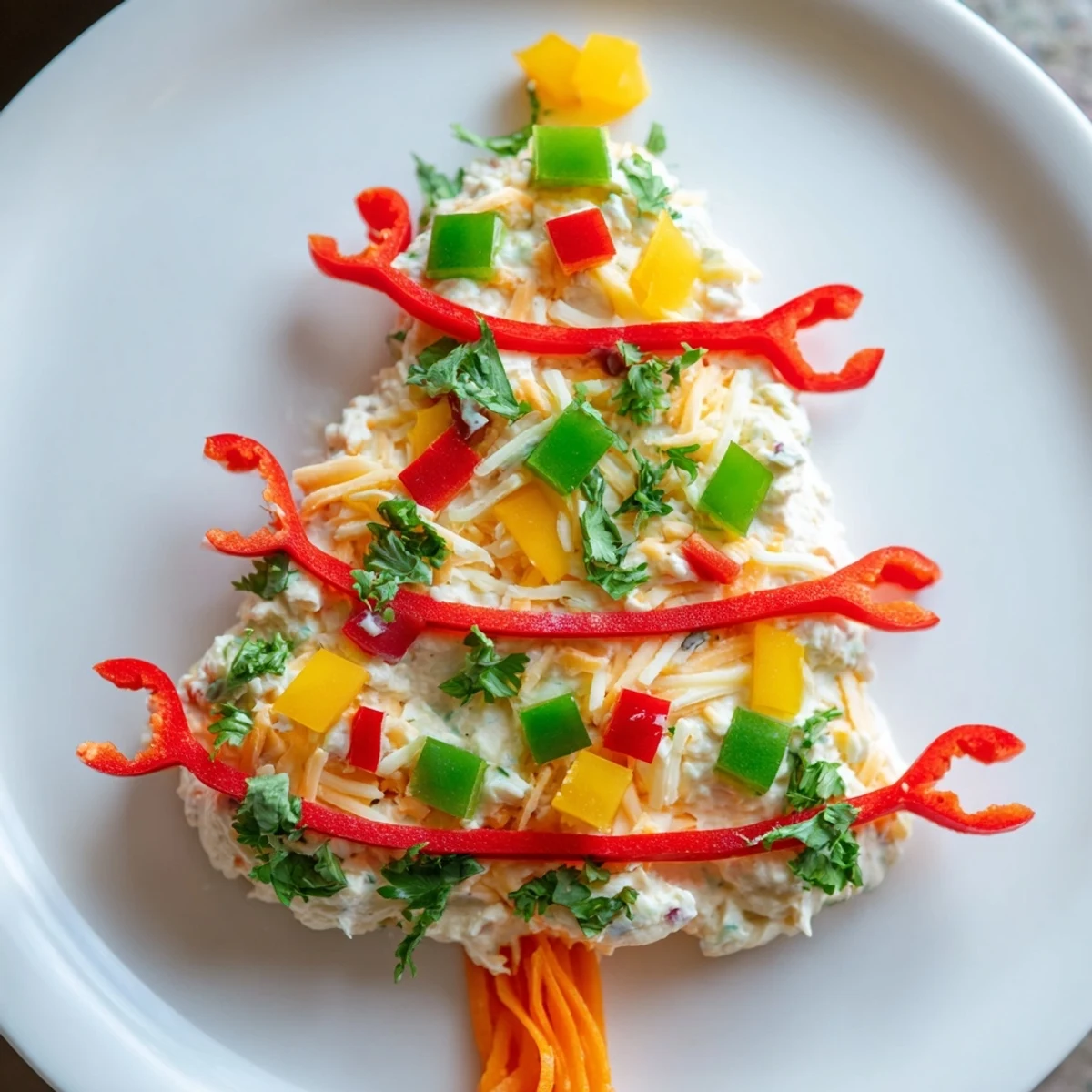Vibrant overhead shot of Chili Pepper Christmas Tree Dip; a savory, easy appetizer for parties.
