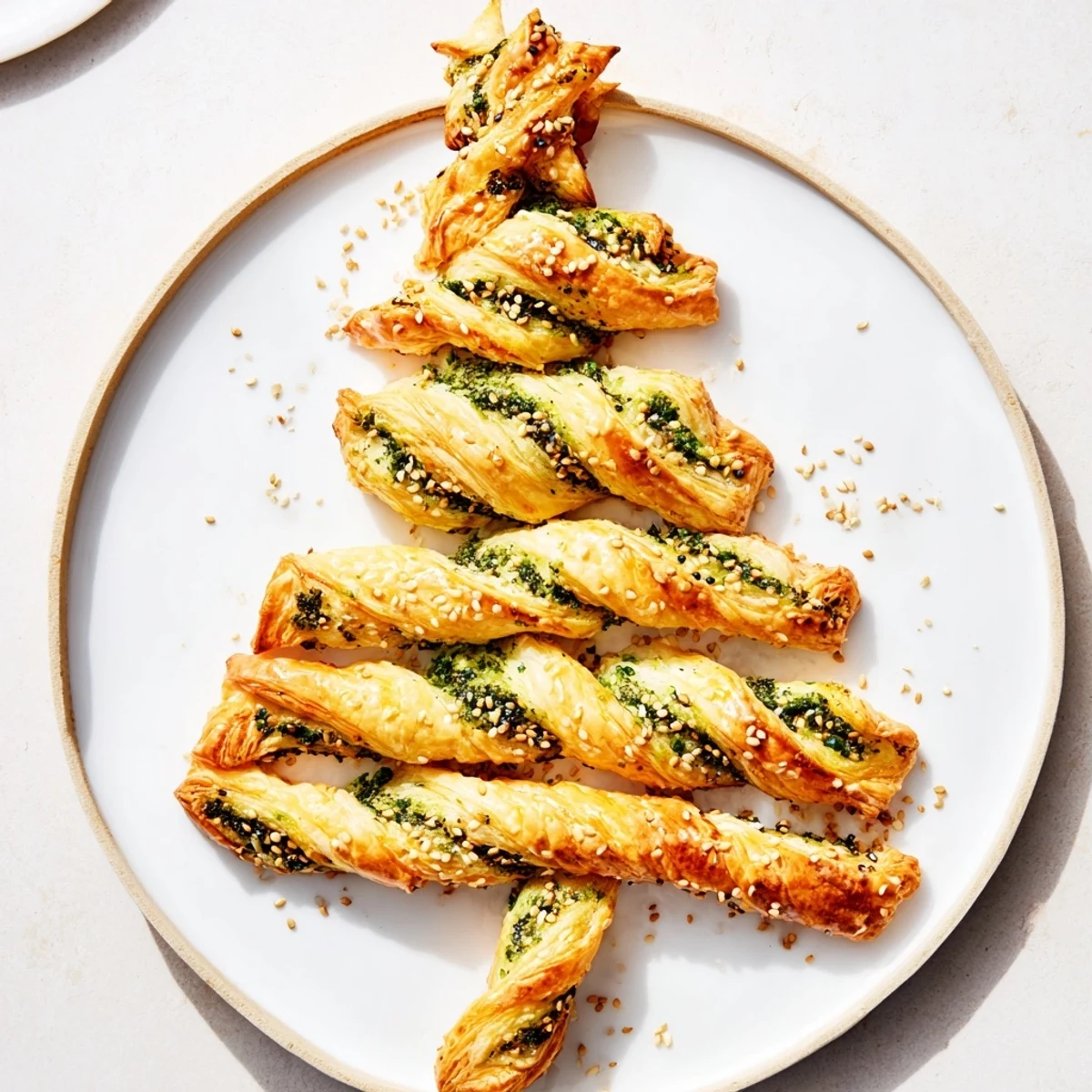 Golden-brown puff pastry Christmas tree appetizer, filled with creamy, herbed cheese and pesto.