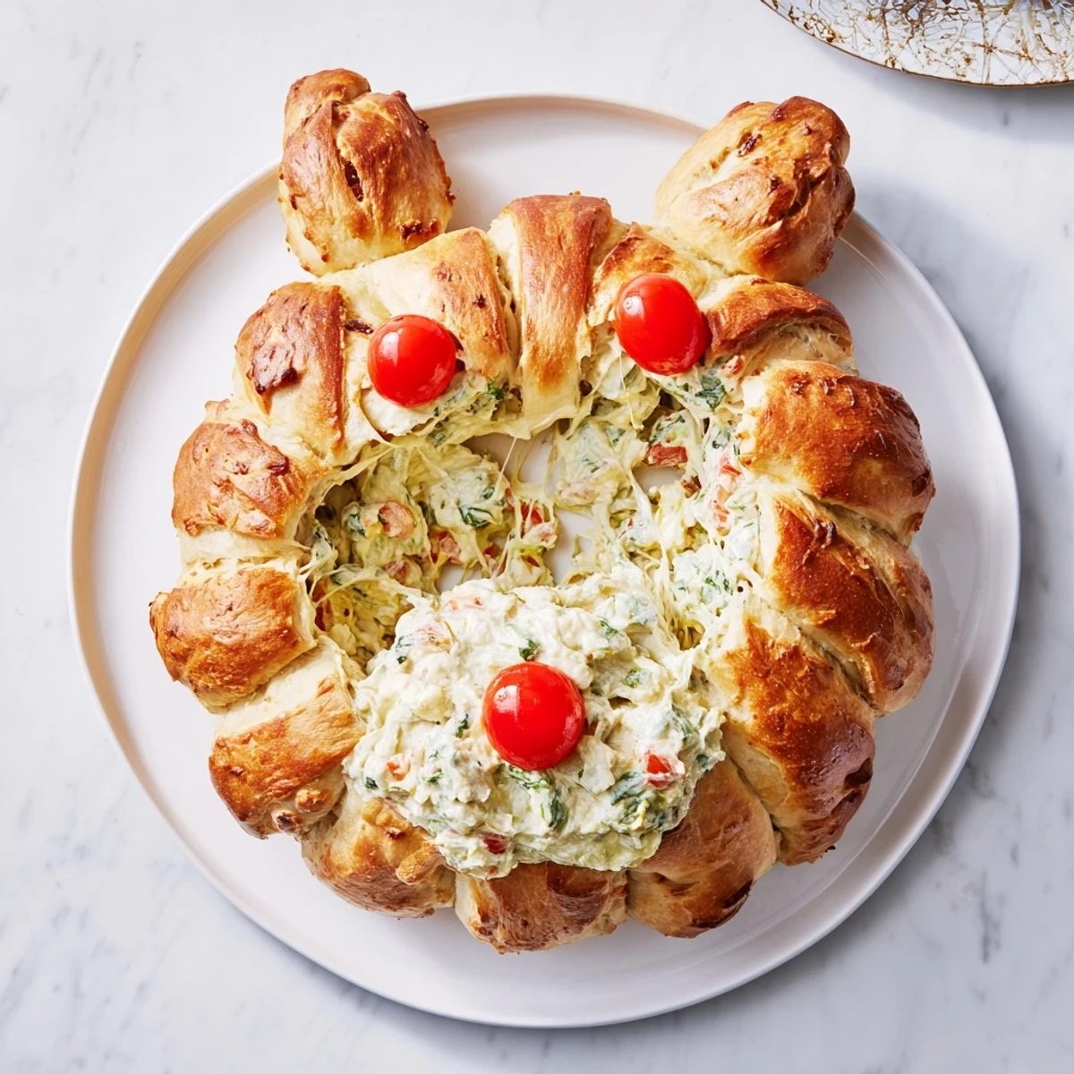Freshly baked, golden Reindeer Antler Spinach Dip Ring, ready for festive holiday enjoyment.