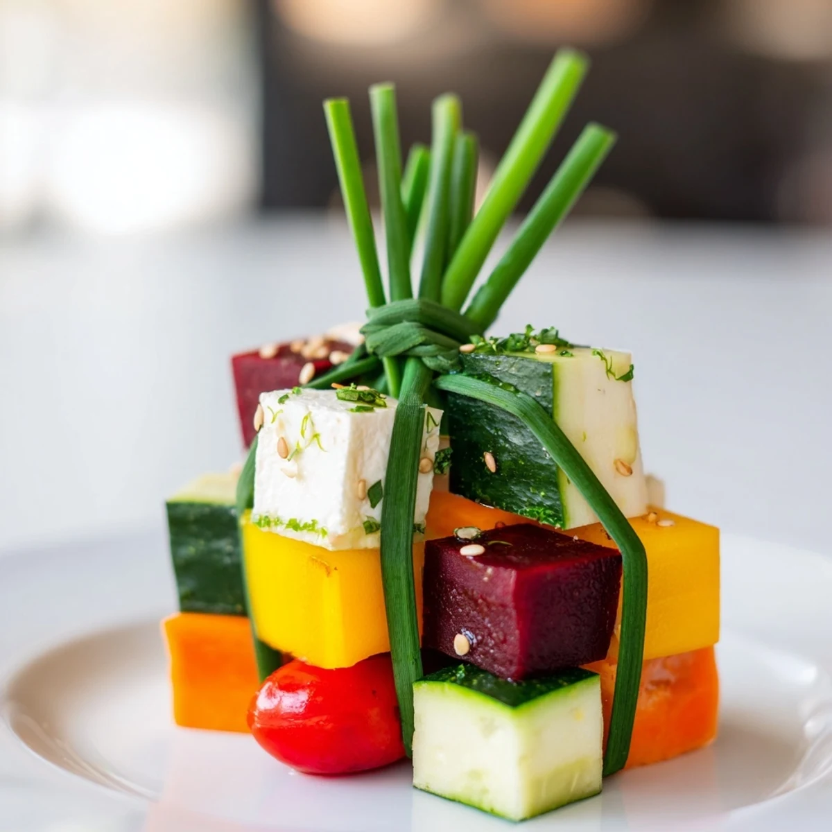 Eye-catching Stacked Gift Box Veggie Cubes: layered vegetable bites with feta, perfect for a festive, gluten-free party platter.