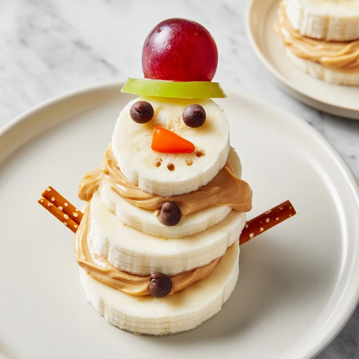 Adorable Banana Peanut Butter Snowmen are playfully arranged, with eyes, noses, and pretzel arms.