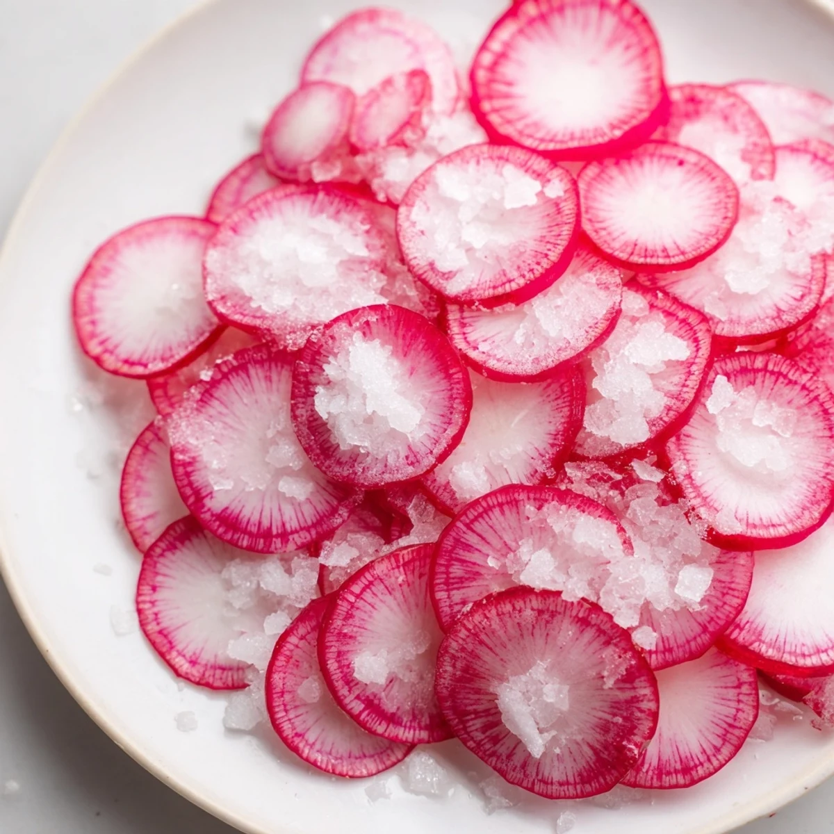 Freshly sliced radish slices with sea salt, a simple, vibrant appetizer ready to enjoy.