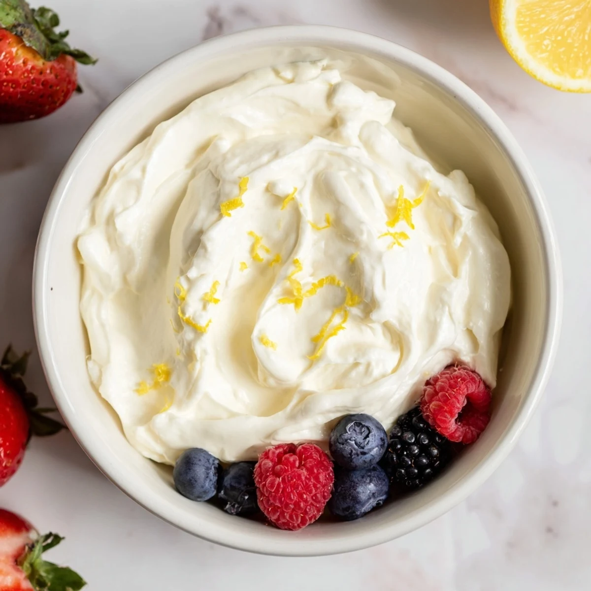 A close-up of the delicious Fluffy Cream Cheese Fruit Dip, perfect with a colorful assortment of fresh fruit.
