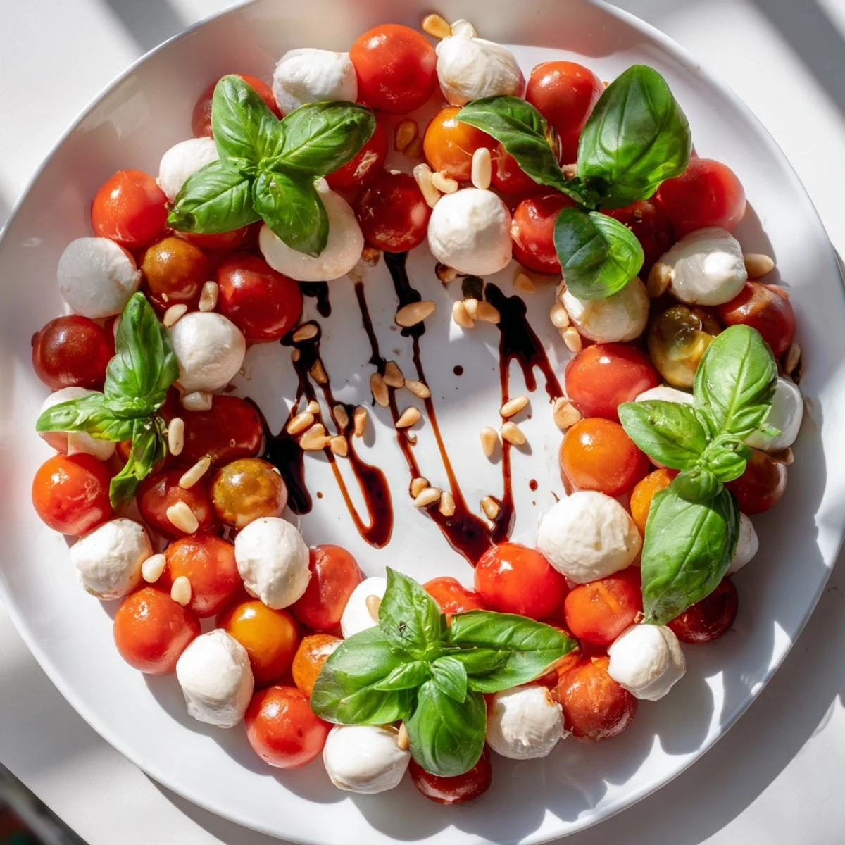 Fresh appetizer wreath of cherry tomatoes, basil, and mozzarella, perfect for entertaining guests.