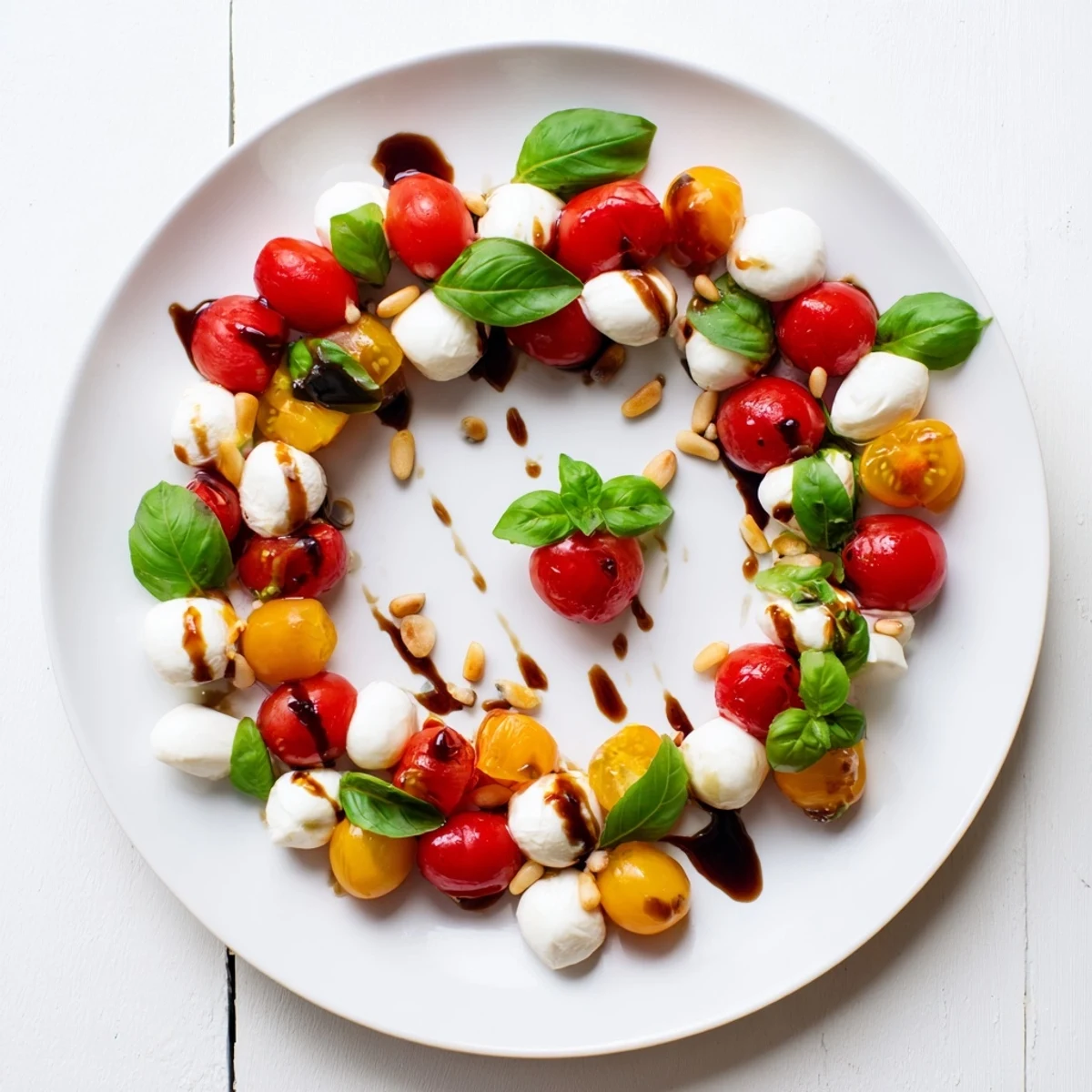 Vibrant cherry tomato and basil ring appetizer with creamy mozzarella, ready for sharing and serving.
