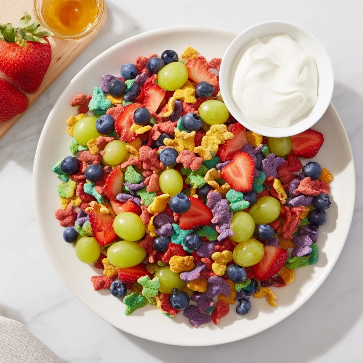 Vibrant pile of rainbow Goldfish crackers with colorful fruit, ready for a delicious snack.