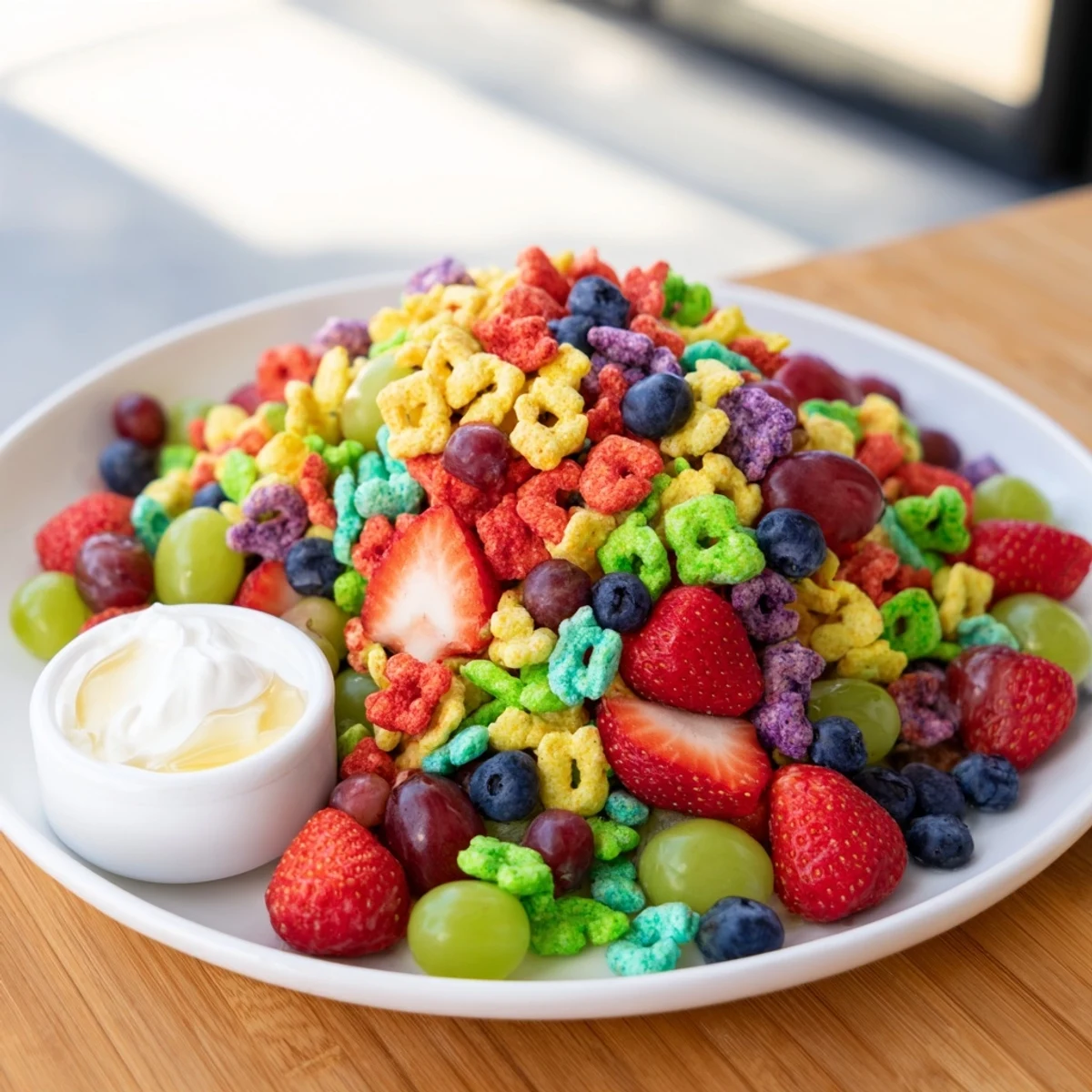 Close-up of a playful rainbow Goldfish crackers snack, mixed with fresh berries and yogurt dip.