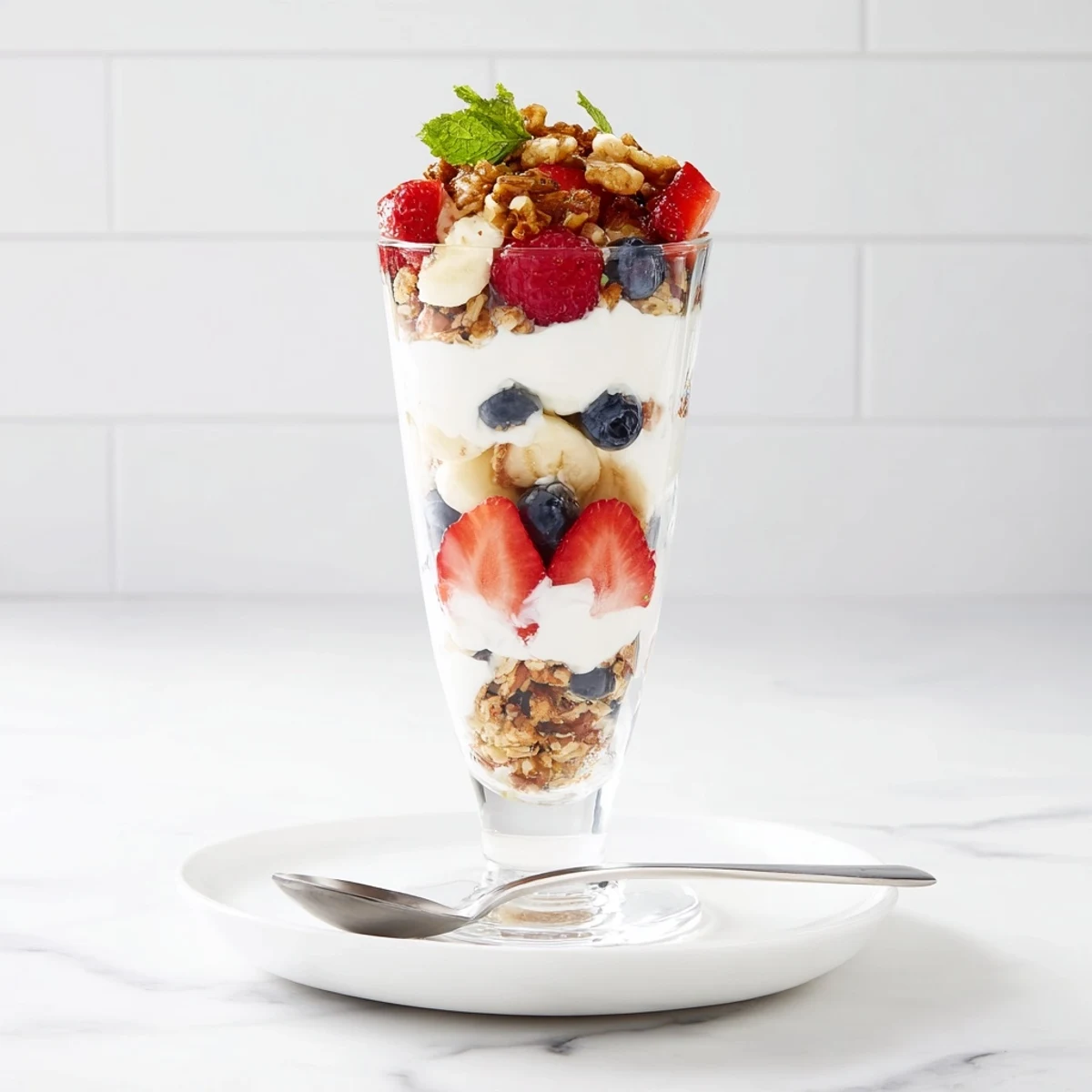 Yogurt and Granola Parfait glasses layered with fresh berries, crunchy granola, a perfect brunch.