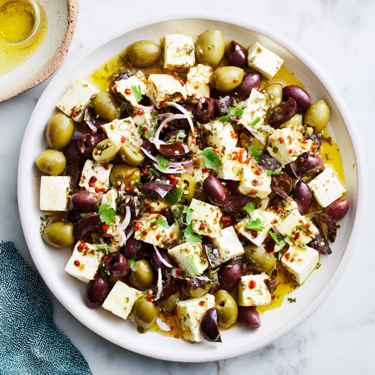 Holiday Mix: Mixed Olives with Feta Cubes, glistening with olive oil and spices, ready to enjoy.
