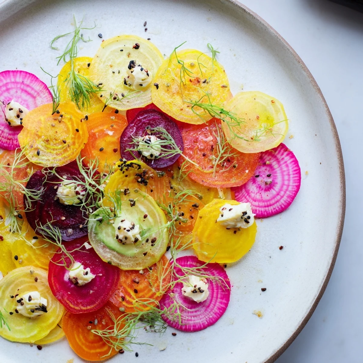 A visually stunning appetizer of The Kinetic Motion Blur showcasing colorful, thinly sliced vegetables.