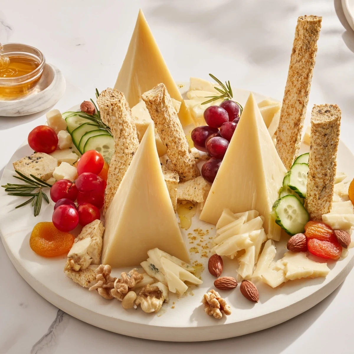 A "Sculptural Cheese Landscape" features rugged cheese mountains, grapes, and nuts for grazing pleasure.
