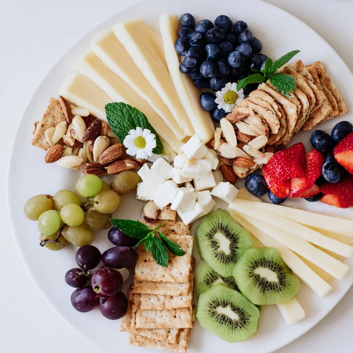 A beautifully arranged Negative Space Puzzle platter with fresh fruit and cheese, perfect for entertaining.