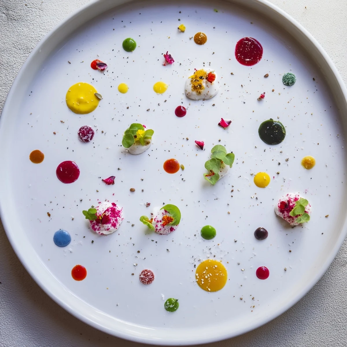 A colorful plate of Pointillism Dot Matrix appetizers with vibrant vegetable purees and accents.