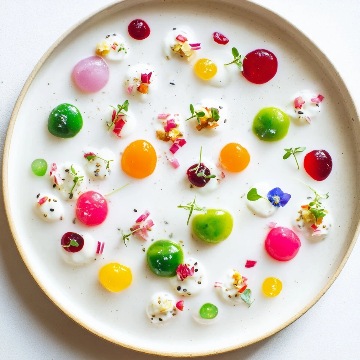 Freshly assembled Pointillism Dot Matrix showcasing a beautiful array of vegetable dots and flavorful sauces.