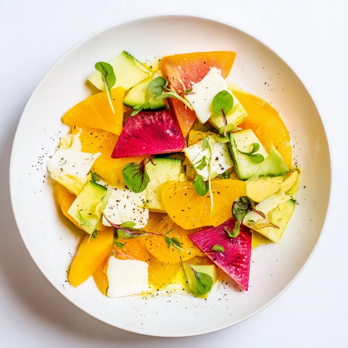 Delight your eyes: A visually stunning Cubist Deconstruction appetizer arranged with fresh ingredients ready to enjoy.