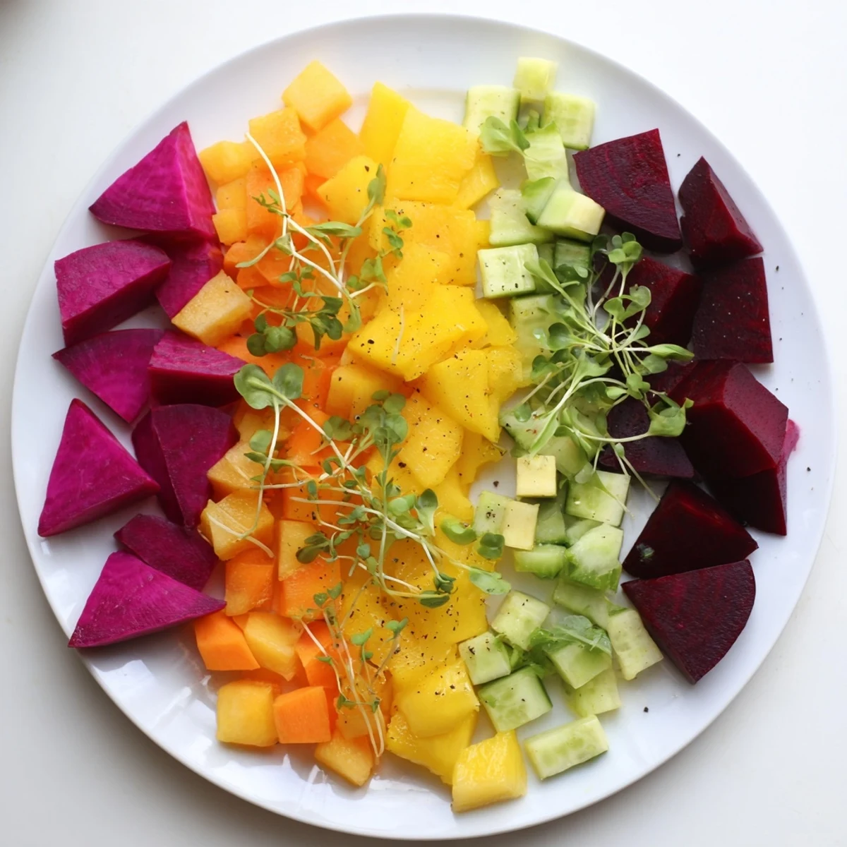 This artistic Cubist Deconstruction showcases various colorful ingredients perfectly arranged on a platter.