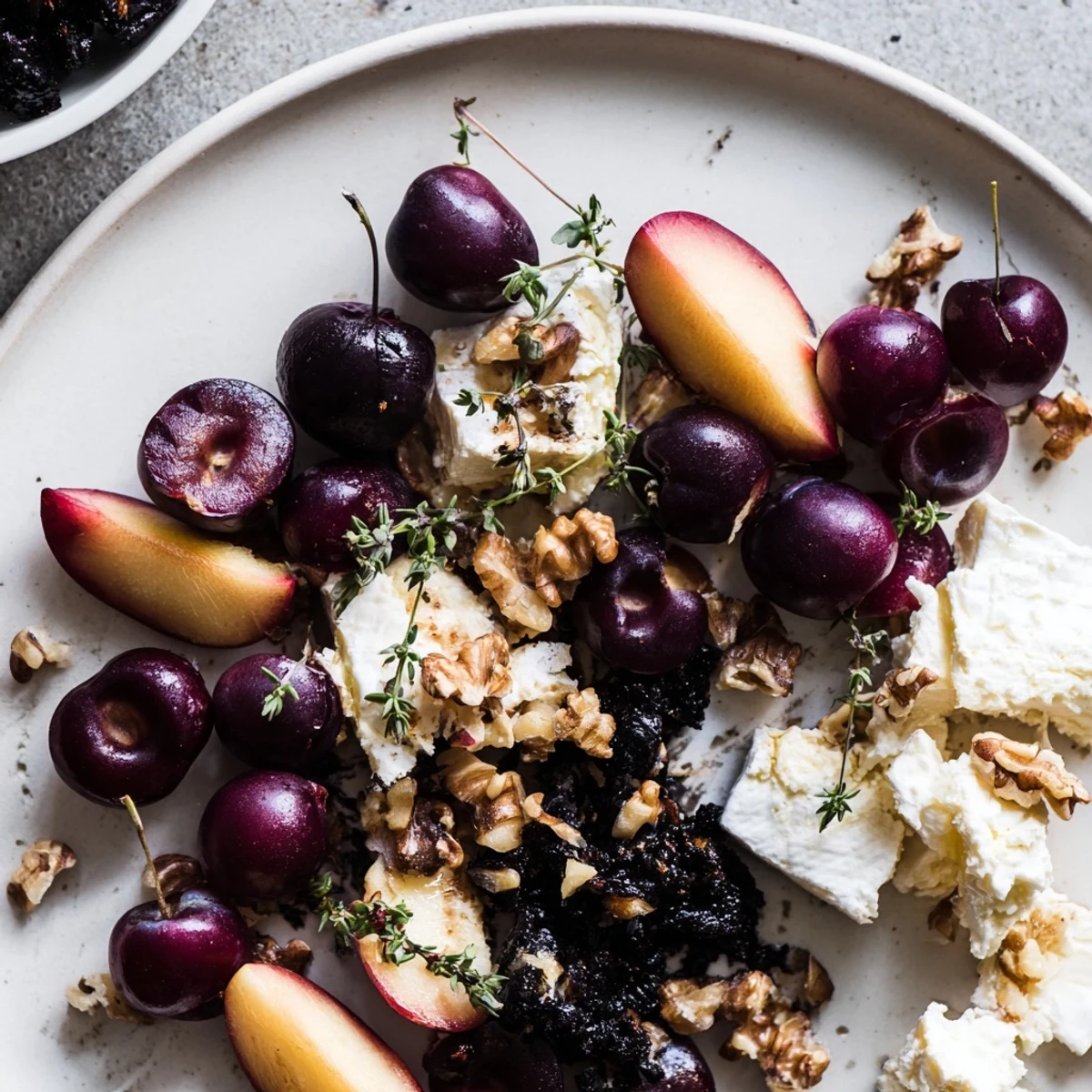 Enjoy the elegant presentation of a Midnight Orchard appetizer with fresh fruit and goat cheese.