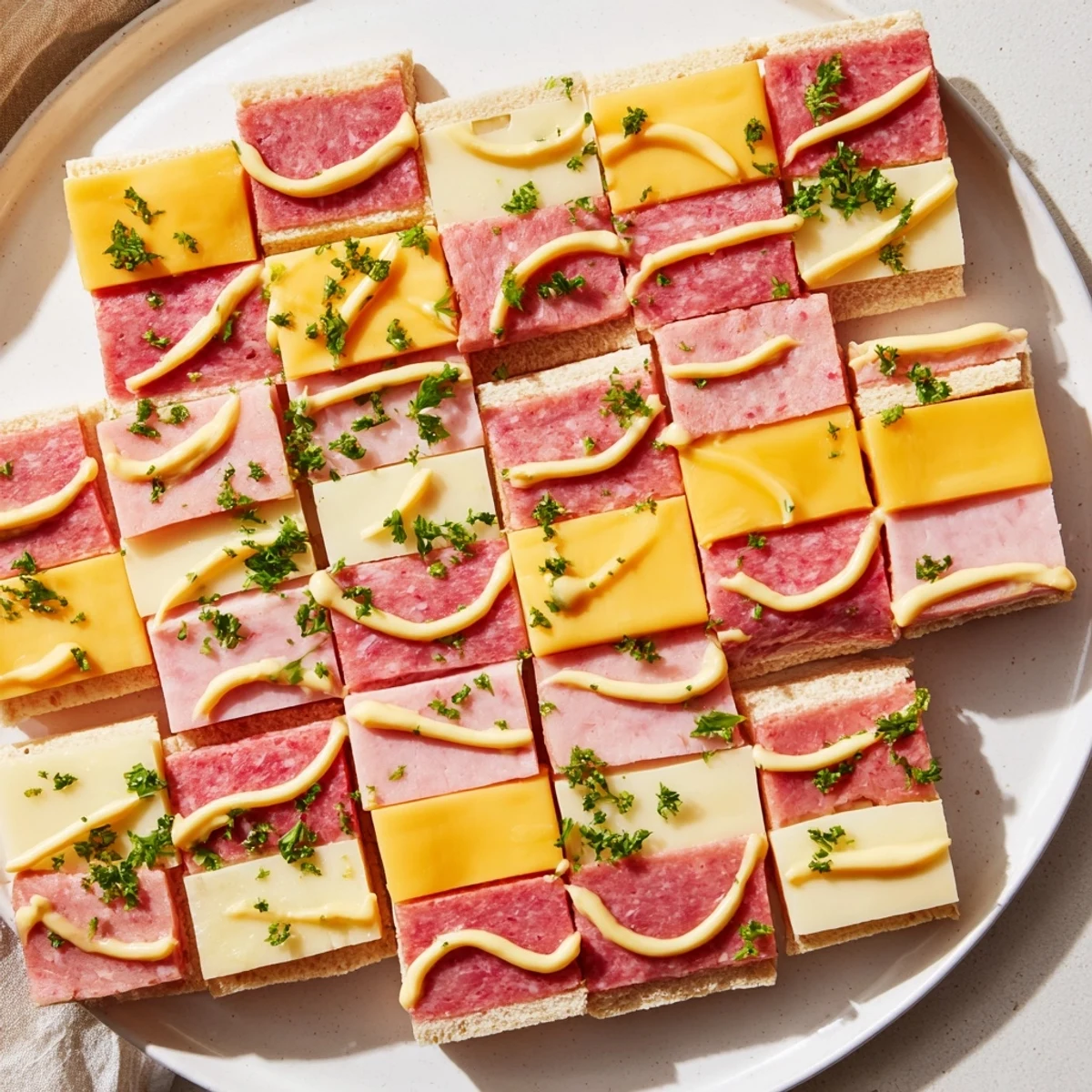 Vibrant The Patchwork Quilt appetizer, a colorful arrangement of meats, cheeses, and tangy mustard.
