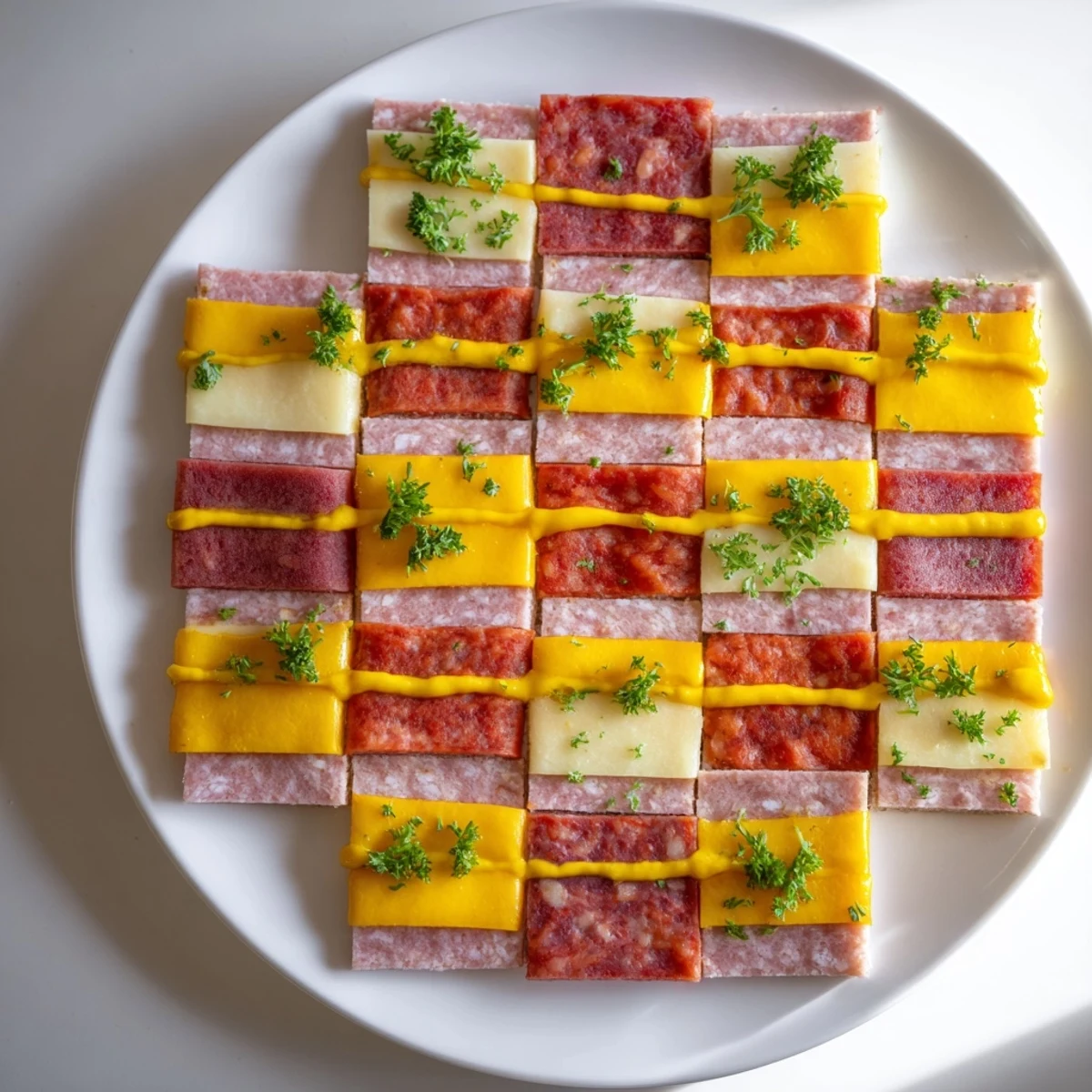 A delicious The Patchwork Quilt appetizer, showcasing a patchwork design of savory meats and cheeses.