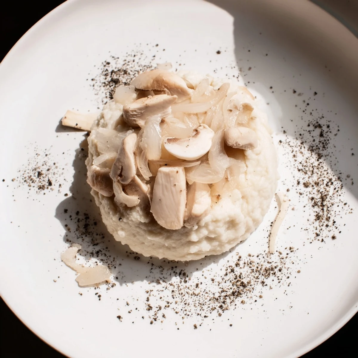 A beautifully styled Ghostly Gala, featuring white chicken, purée, and mushrooms with black pepper accents.