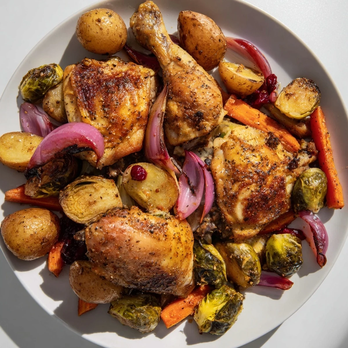 Vibrant colors highlight this easy Sheet Pan Chicken, showcasing crispy chicken thighs and tender, caramelized vegetables.