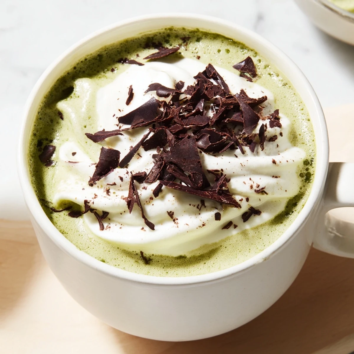 Steaming Matcha Hot Cocoa Protein Mug topped with whipped cream and dark chocolate shavings, ready to enjoy.