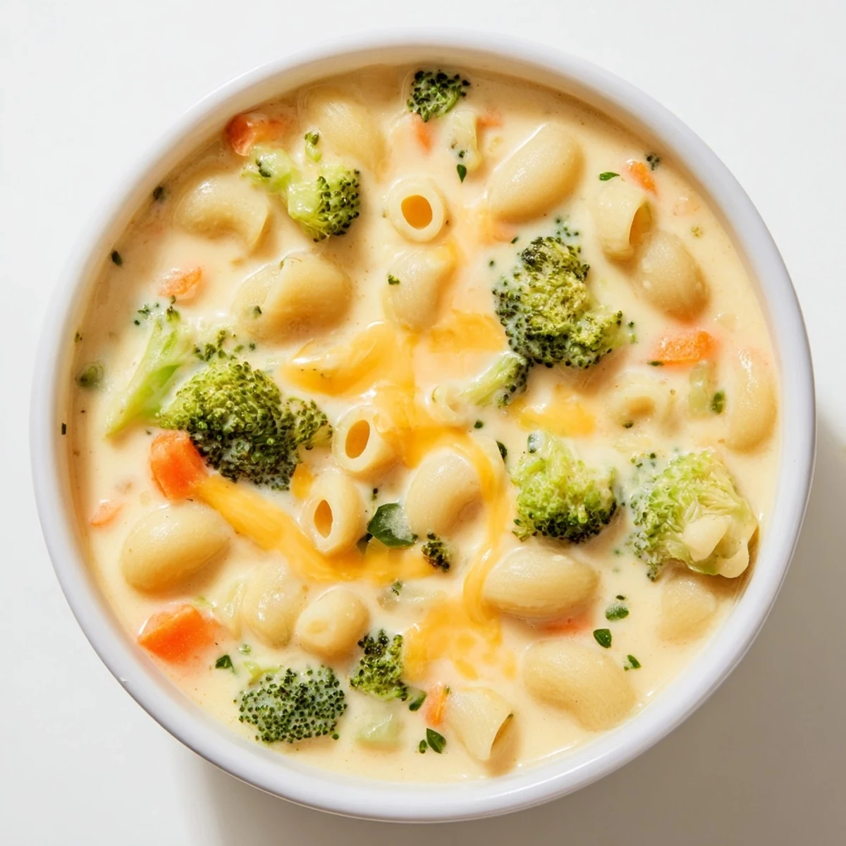 Steaming bowl of One-Pot Broccoli Cheddar Ditalini Soup, rich and cheesy, perfect for a cozy dinner.