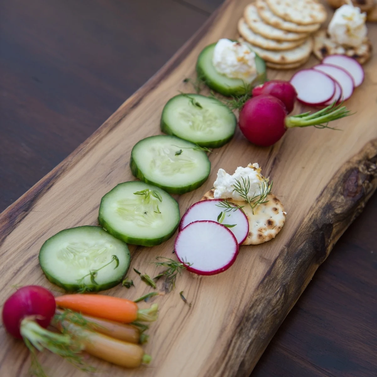 A stunning Zen Balance appetizer: fresh vegetables artfully arranged on a long serving board.