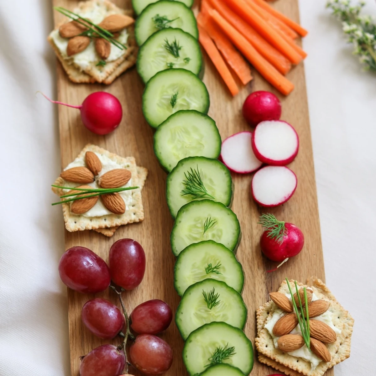 Crisp crackers and vibrant ingredients create an elegant Zen Balance platter for a mindful meal.