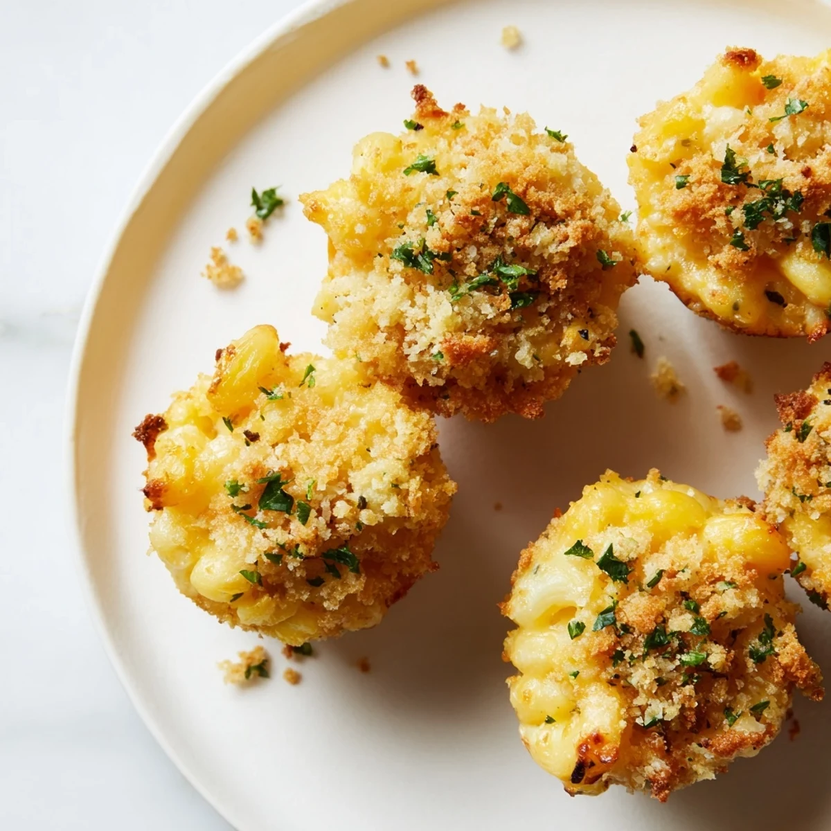 Golden-brown Tini’s Mac and Cheese muffins fresh from the oven, ready to serve with crispy toppings.