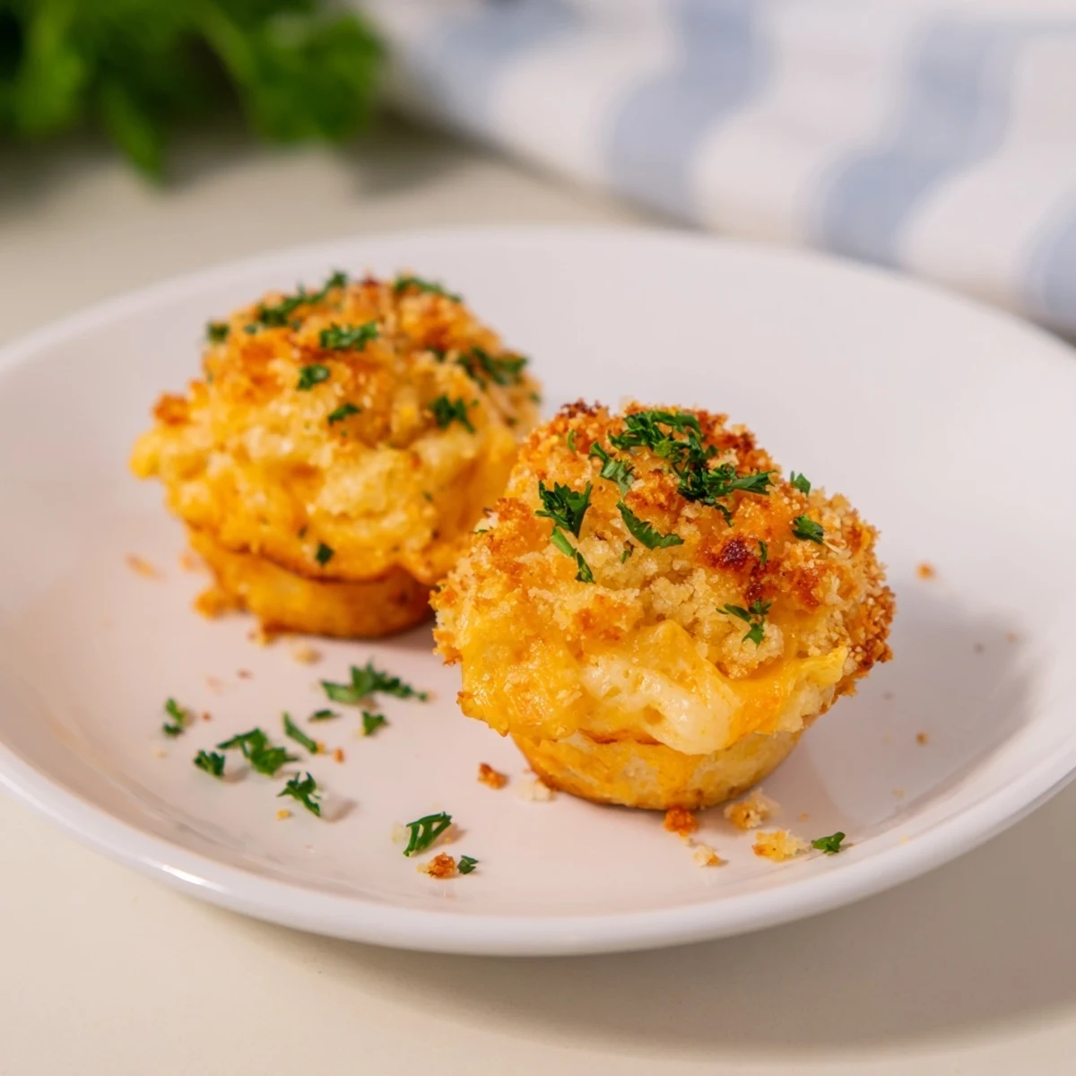 A close-up of cheesy, bite-sized Tini's Mac and Cheese muffins with a golden, bubbly breadcrumb topping.