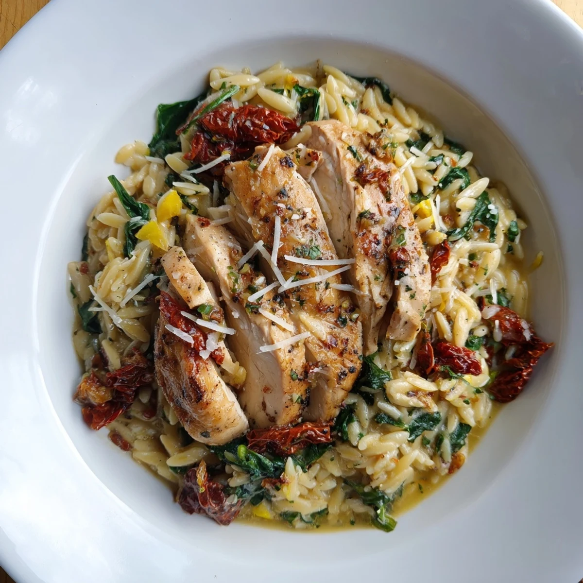 Creamy Marry Me Chicken Orzo, featuring sliced chicken and rich parmesan sauce, ready to serve.