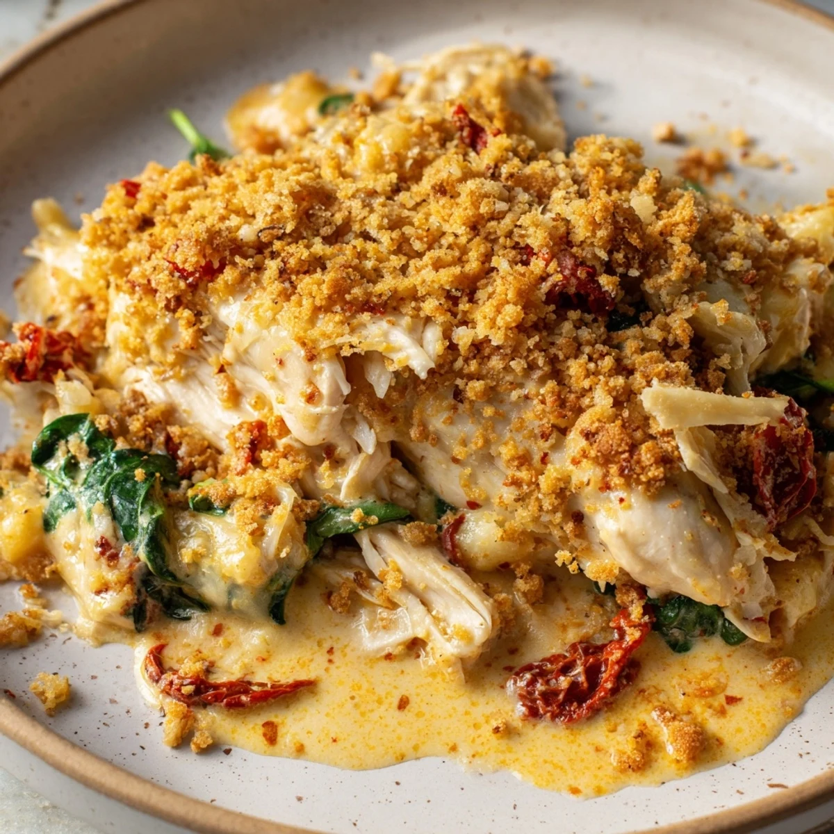 Marry Me Chicken Casserole bubbling in a baking dish, with golden Ritz cracker topping and creamy sauce.