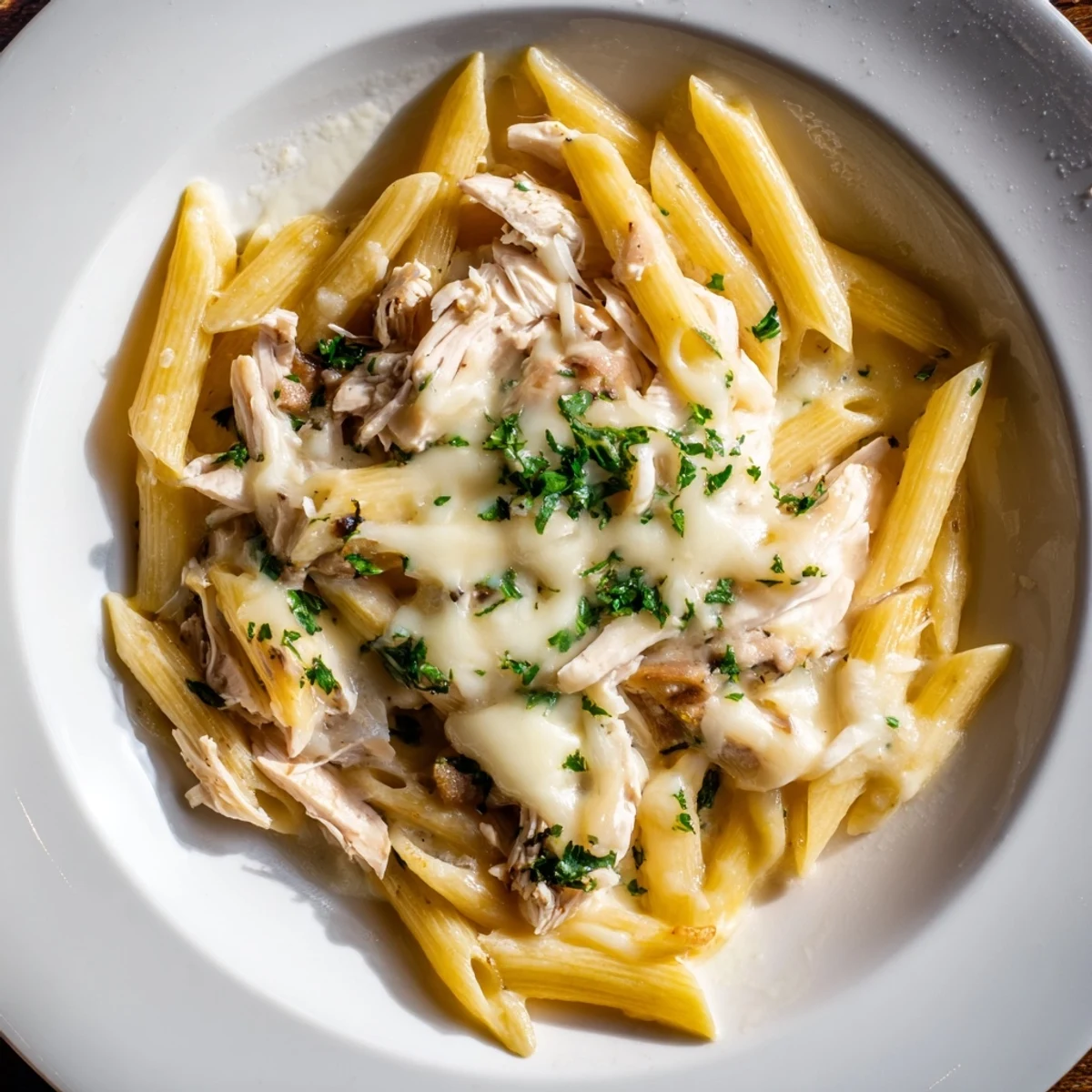 Golden-brown, bubbly Tinis Creamy Chicken Pasta, ready to serve with extra Parmesan cheese.