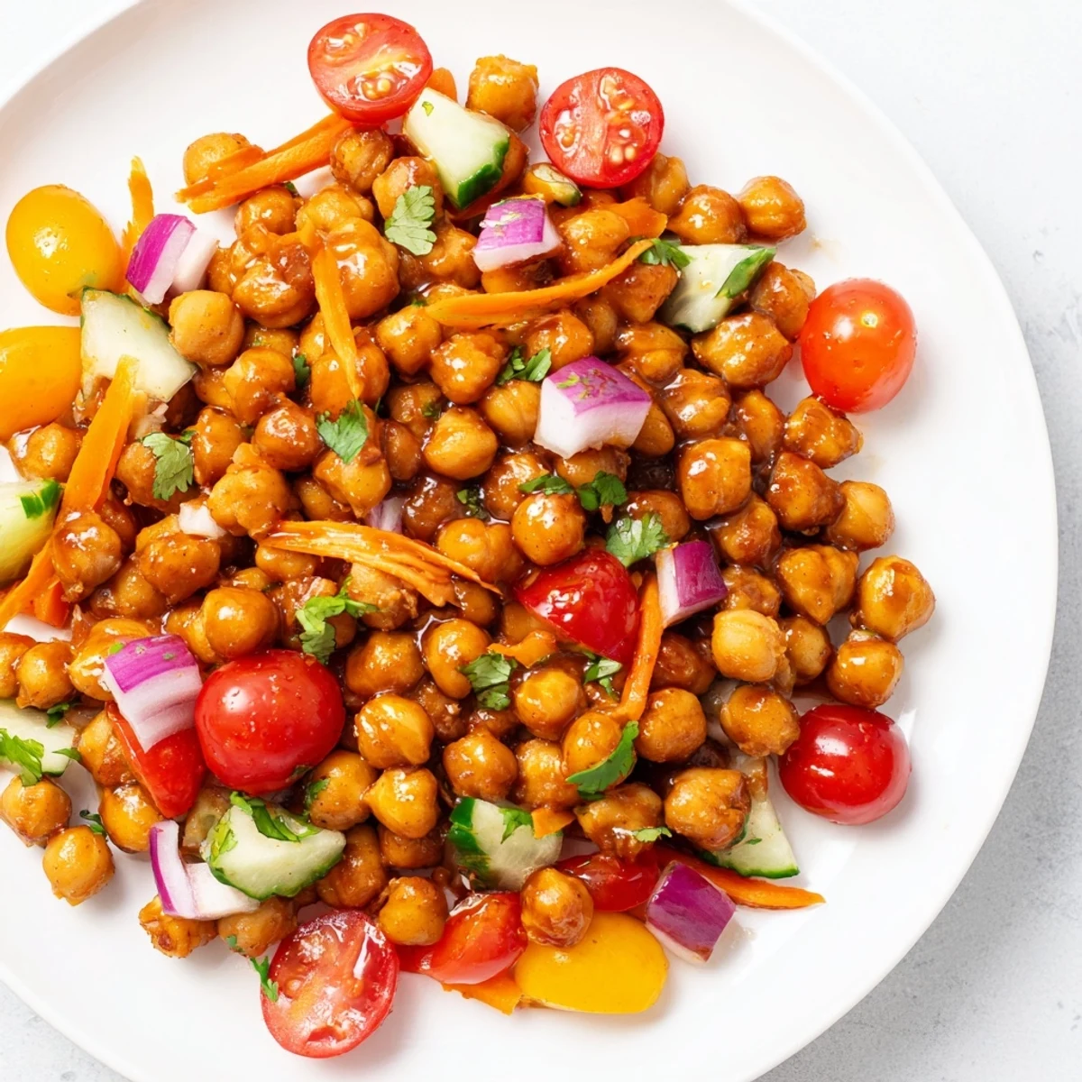 Smoky BBQ chickpea salad, a vibrant vegetarian meal, showcases colorful veggies and tangy dressing.
