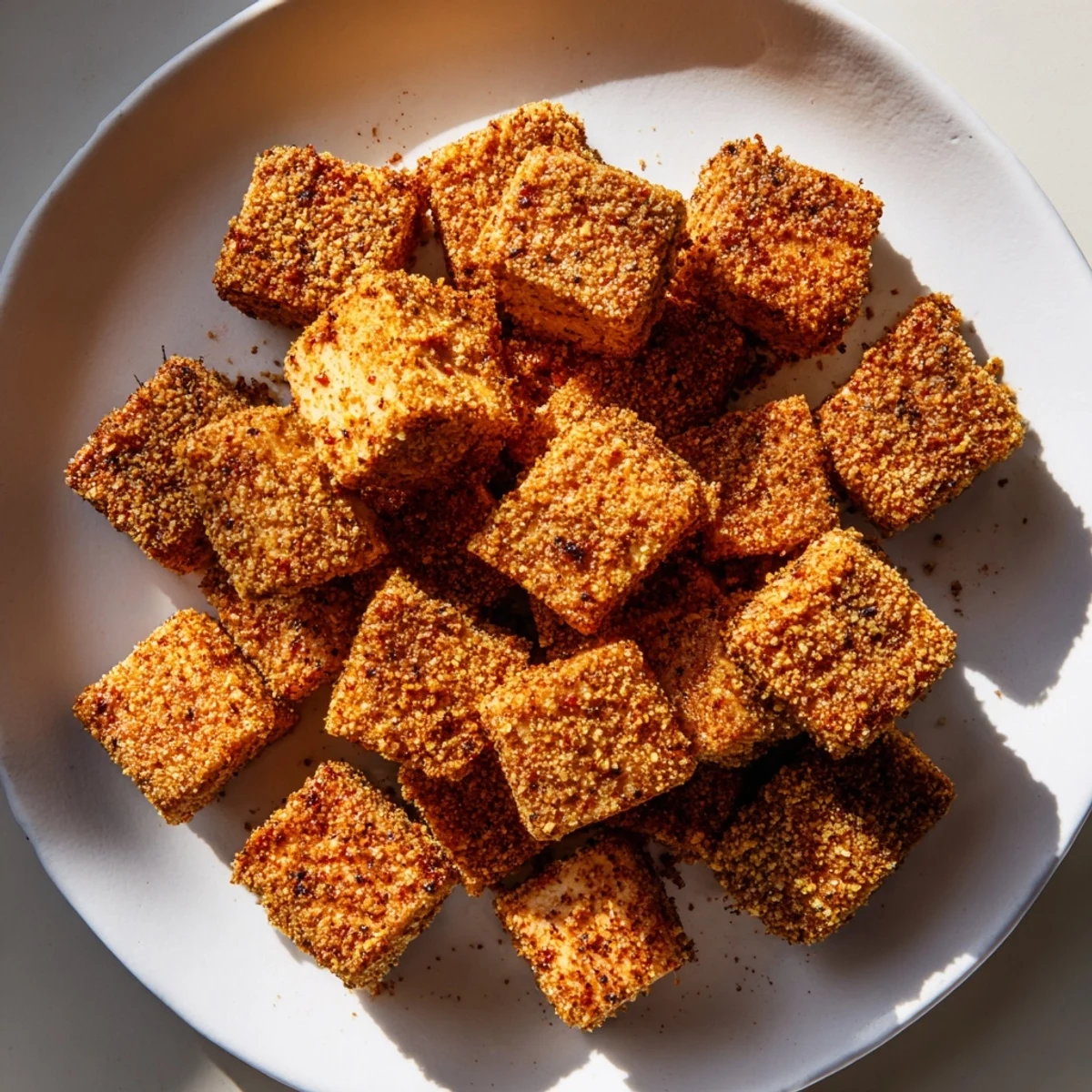 Golden-brown Popcorn Tofu Bites, crispy and seasoned, perfect as a satisfying snack to share.