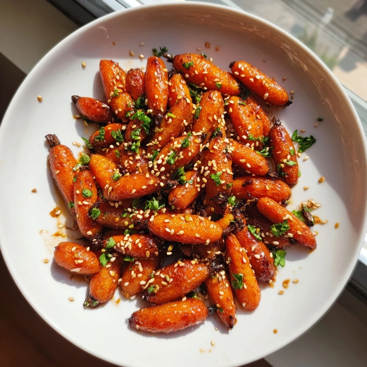 Golden-brown, caramelized honey soy roasted carrots, a vibrant and flavorful vegetarian side dish.