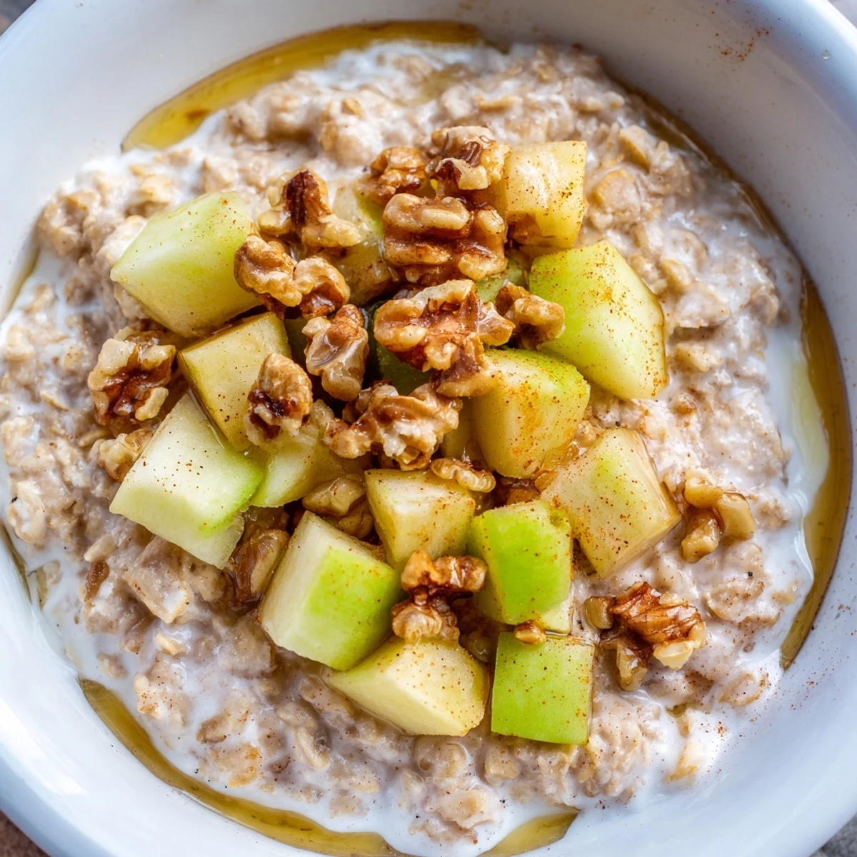 Delicious Apple Pie Oatmeal Bowl: a close-up revealing tender oats and glistening apple topping.