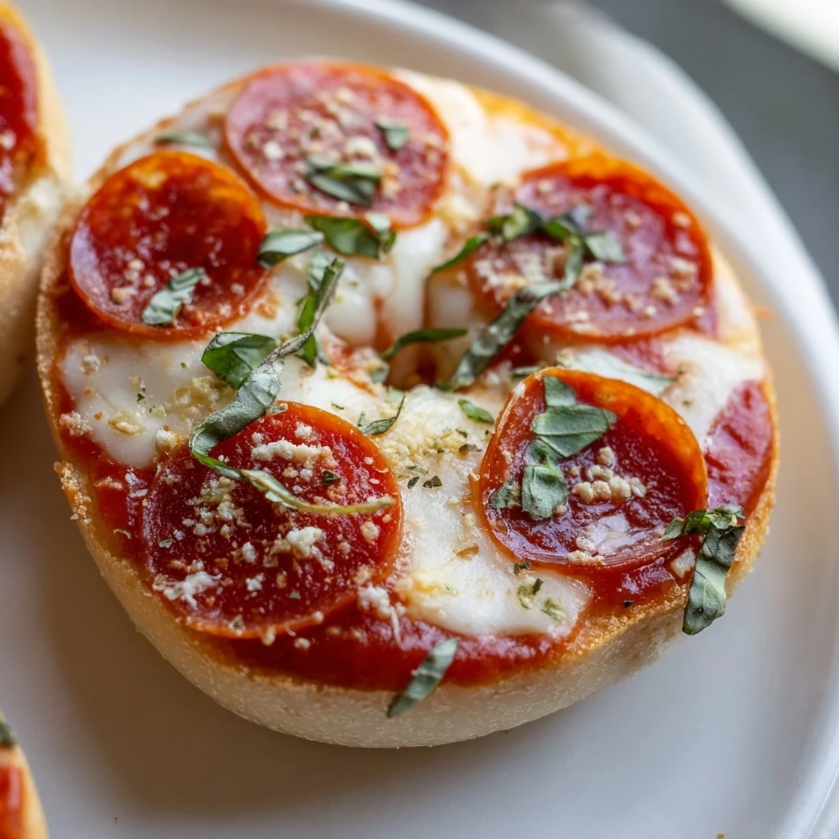 Crispy mini pepperoni pizza bagels with melted mozzarella and fragrant oregano.