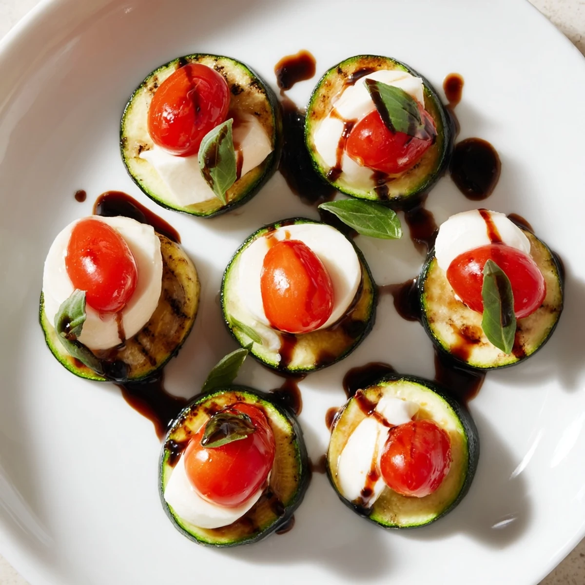 Zucchini Caprese Bites: Vibrant appetizer, baked zucchini topped with fresh mozzarella, tomatoes and basil.