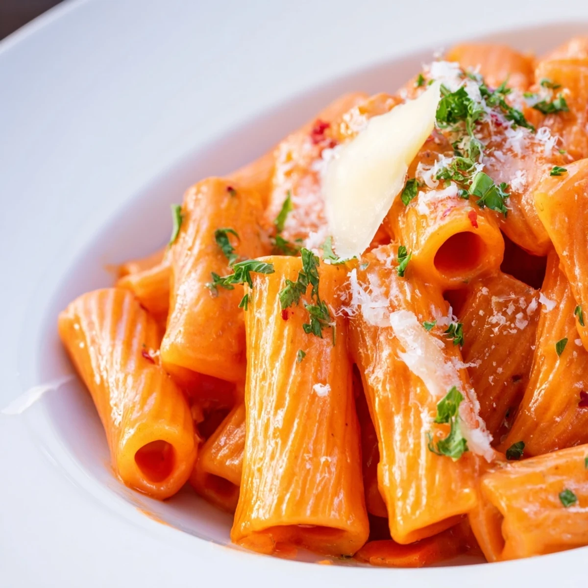 A steaming bowl of Gigi Hadid-Style Spicy Rigatoni, a vibrant, creamy pasta dish ready to savor.
